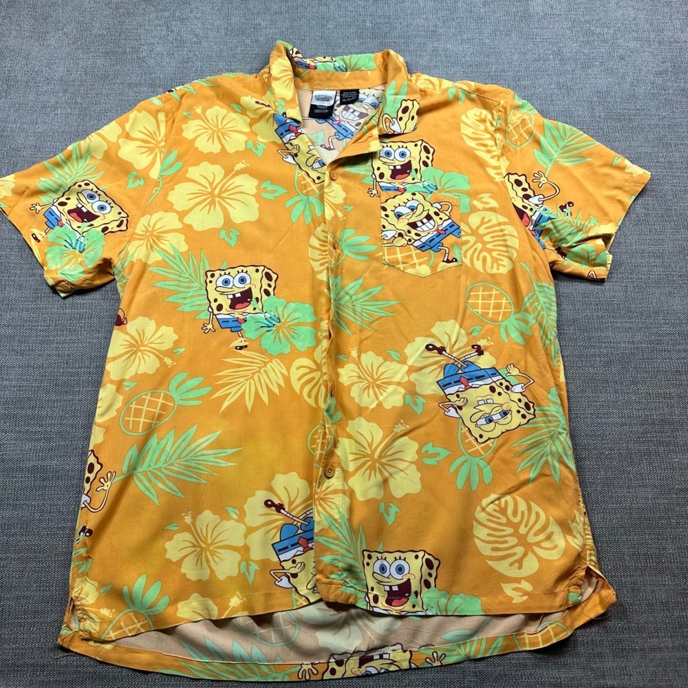 Nickelodeon SpongeBob SquarePants Button Down Mens XL Orange Tropical Shirt